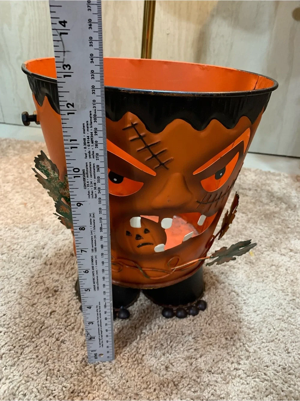 Halloween Orange Frankenstein Metal Decorative Bucket by